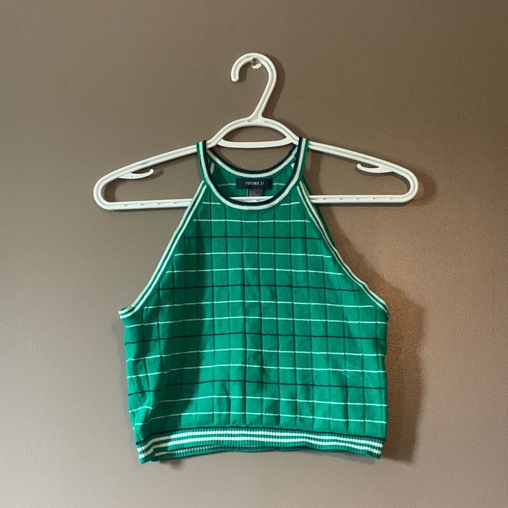 Forever 21 Green and White High Neck Crop Tank Top ☀️
